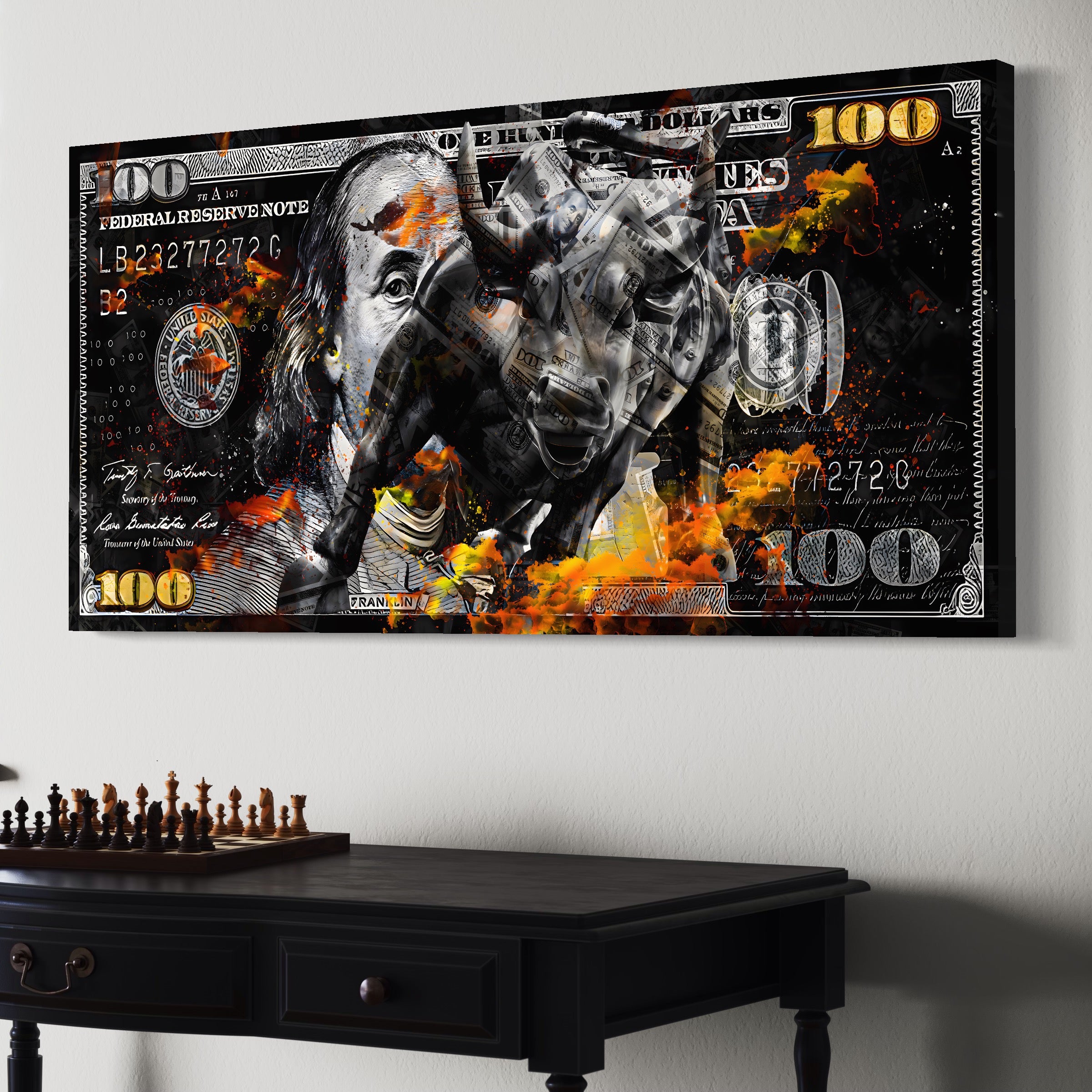 Tablou Canvas Premium LuxCanva® A1166, Dollar Bull , Decorativ, Benjamin Franklin, Cash, USD, Culori Vibrante