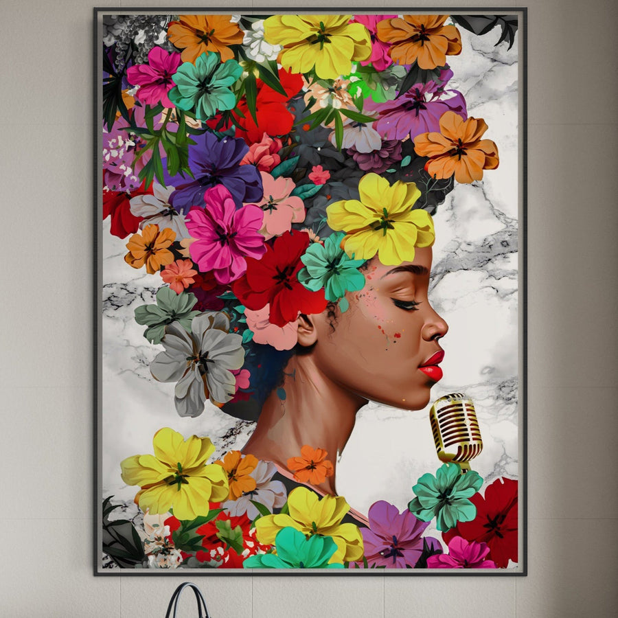 Tablou Canvas Premium LuxCanva® A1165 "Fata Cu Flori" - decorativ, colorat, cu o cântăreață și culori vibrante; print calitate premium, made in Romania. Brand: LuxCanva®.