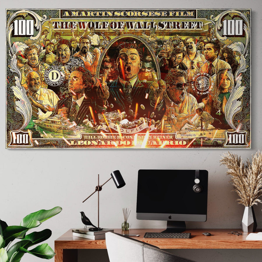 Tablou Canvas Premium A1164 de la LuxCanva®, cu DiCaprio din Lupul de pe Wall Street în culori vibrante, aduce flerul cinematografic în spațiul dvs. de lucru ca decor de înaltă calitate inspirat de Wall Street.