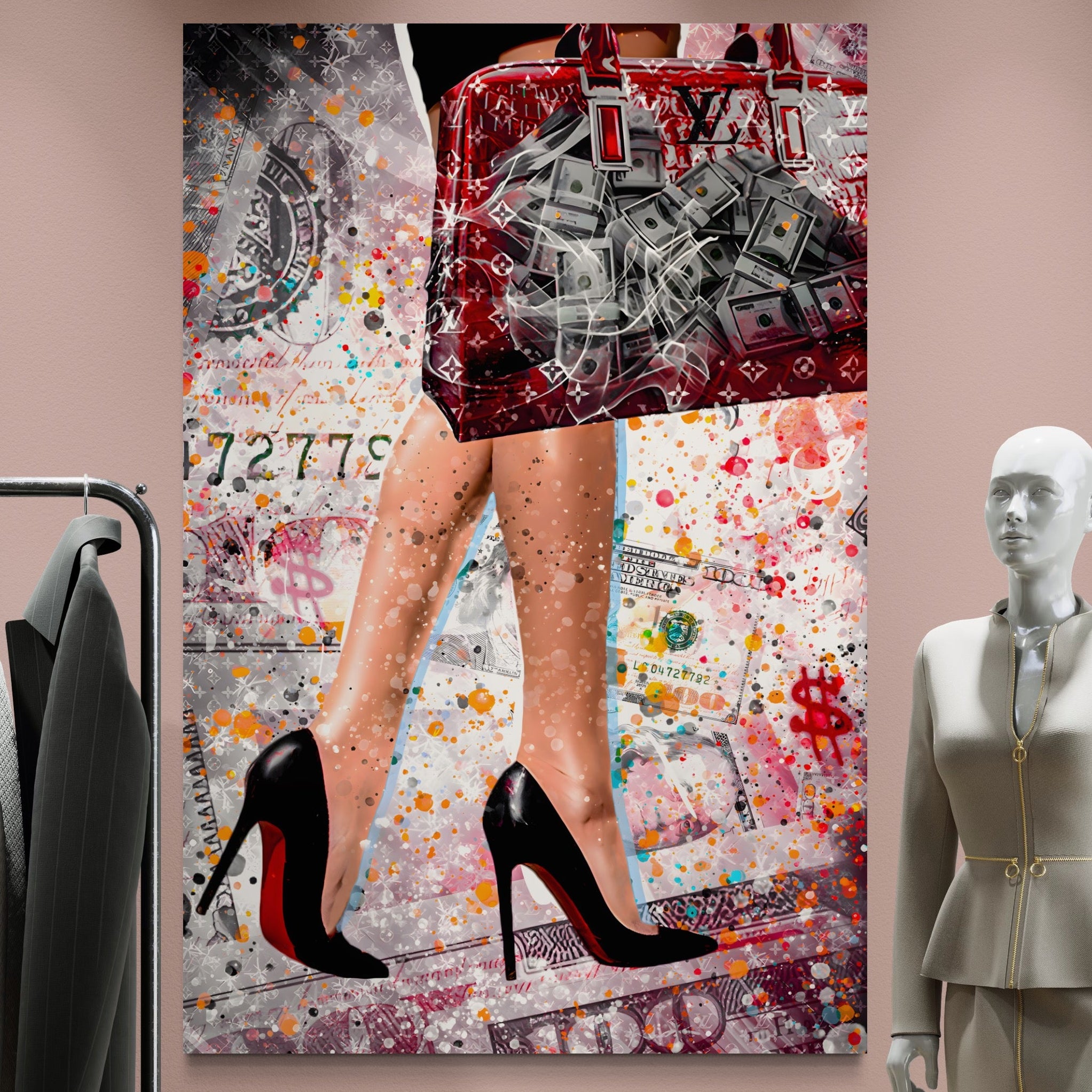 Tablou Canvas Premium LuxCanva® A1163, The Lady And Bag , Decorativ, Femeie, Pantofi, Luxury Brands, Culori Vibrante