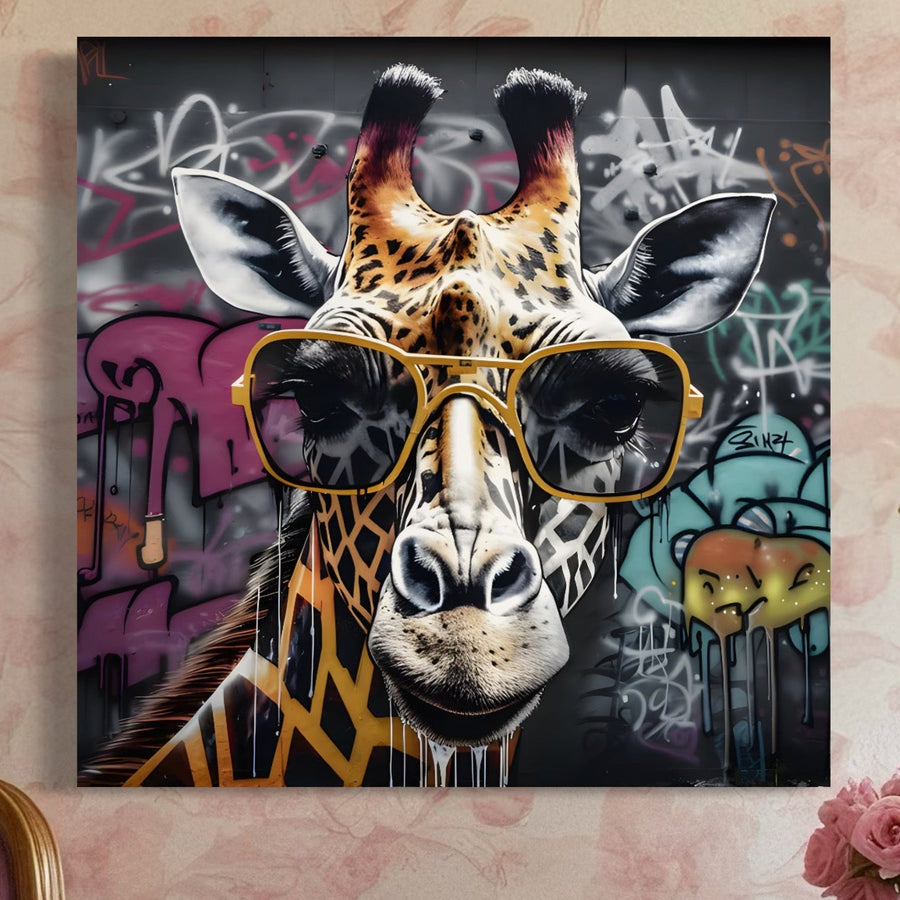 Tablou Canvas Premium LuxCanva® C1149 "Safari Fashion": un tablou modern cu o girafă cu ochelari galbeni, pe fundal graffiti colorat. Realizat pe panza bumbac, cu linii îndrăznețe și culori vibrante-ideal pentru living.