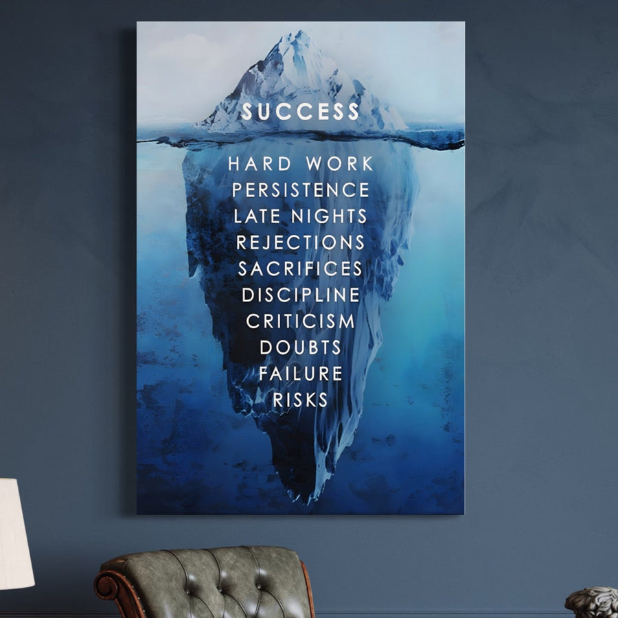 Tablou Canvas Premium LuxCanva® A1155, Ice Island, de la LuxCanva®, prezintă un aisberg pe fundal albastru, cu mesaj motivațional: SUCCES deasupra apei și dedesubt HARD WORK, PERSISTENCE, LATE NIGHTS, REJECTIONS și altele.
