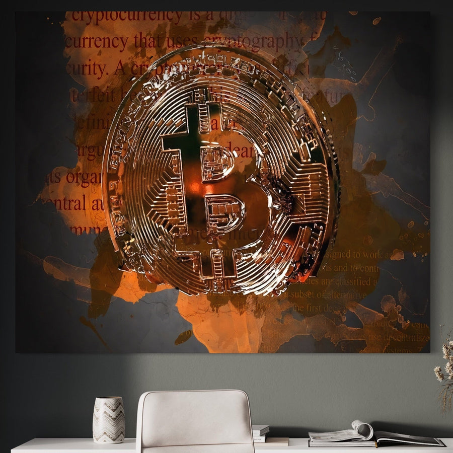Tablou Canvas Premium LuxCanva® A1153 cu simbol Bitcoin metalic pe fundal abstract în nuanțe vibrante, decor modern pentru birou; produs de LuxCanva®, calitate premium, motiv digital, ideal pentru inspirație.