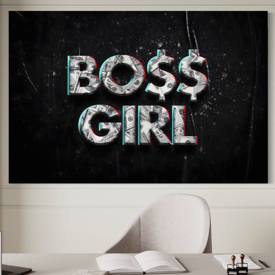 Tablou Canvas Premium LuxCanva® A1152 "Boss Girl" aduce stil și motivație biroului tău modern cu litere 3D vibrante pe fundal negru, ideal pentru team leaderi. Decorativ și de la brandul LuxCanva®.