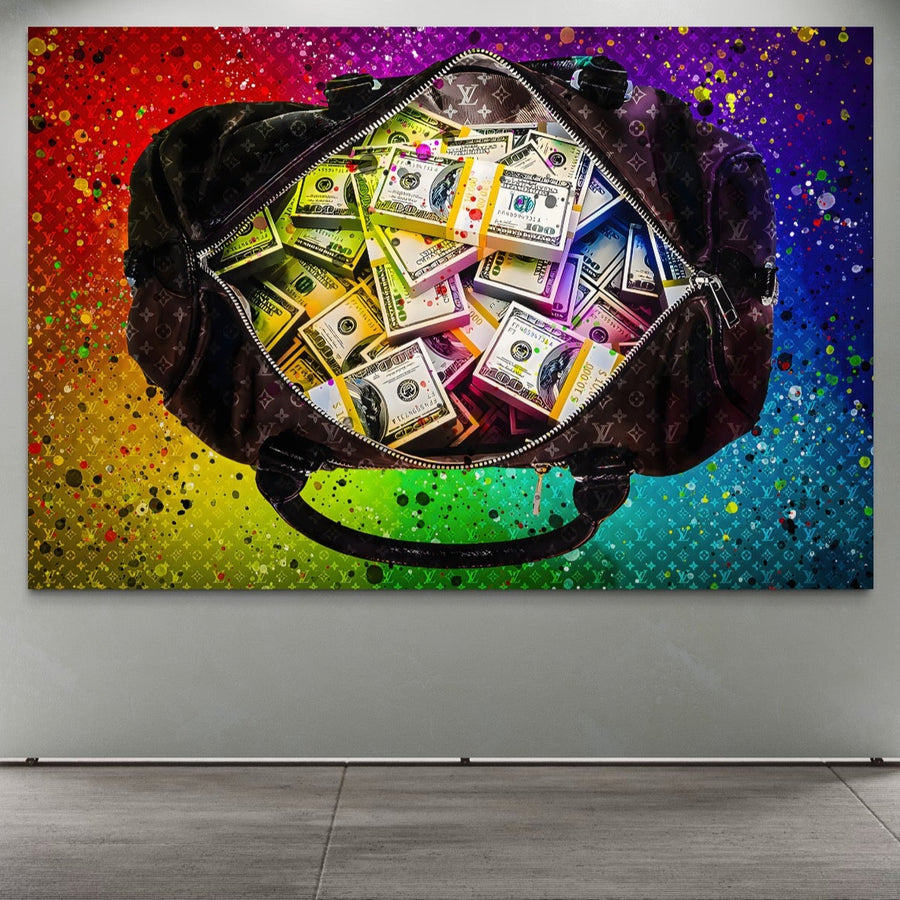 Tablou Canvas Premium LuxCanva® A1151, Dollars Bag, de LuxCanva® prezintă o pictură vibrantă a unei pungi pline cu bani pe un fundal cu stropi de curcubeu - o piesă de decor atrăgătoare pentru orice perete.