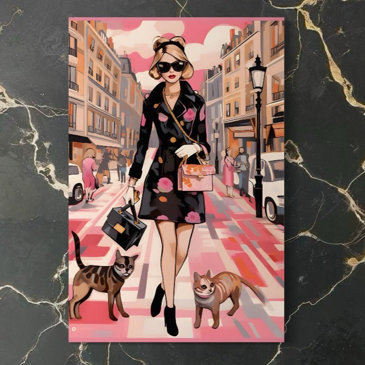 Bucură-te de eleganța orașului cu Tablou Canvas Premium LuxCanva® C1151: Lady Walking With Cats - fashion, animale, culori vibrante pentru living sau bar. Adu stilul și rafinamentul LuxCanva® pe pereții tăi!.