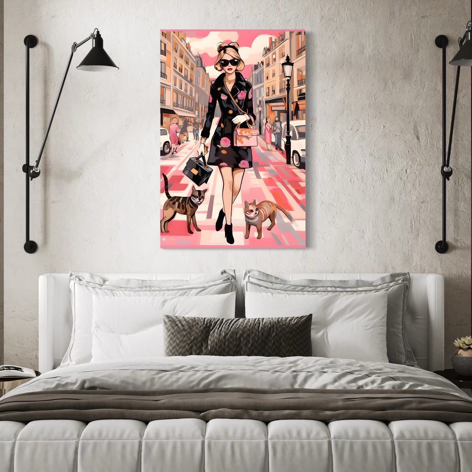 Tablou Canvas Premium LuxCanva® C1151, Lady Walking With Cats , Culori, Fashion, Animals, Beauty, Living Room, Bar, Relaxare, Culori Vibrante