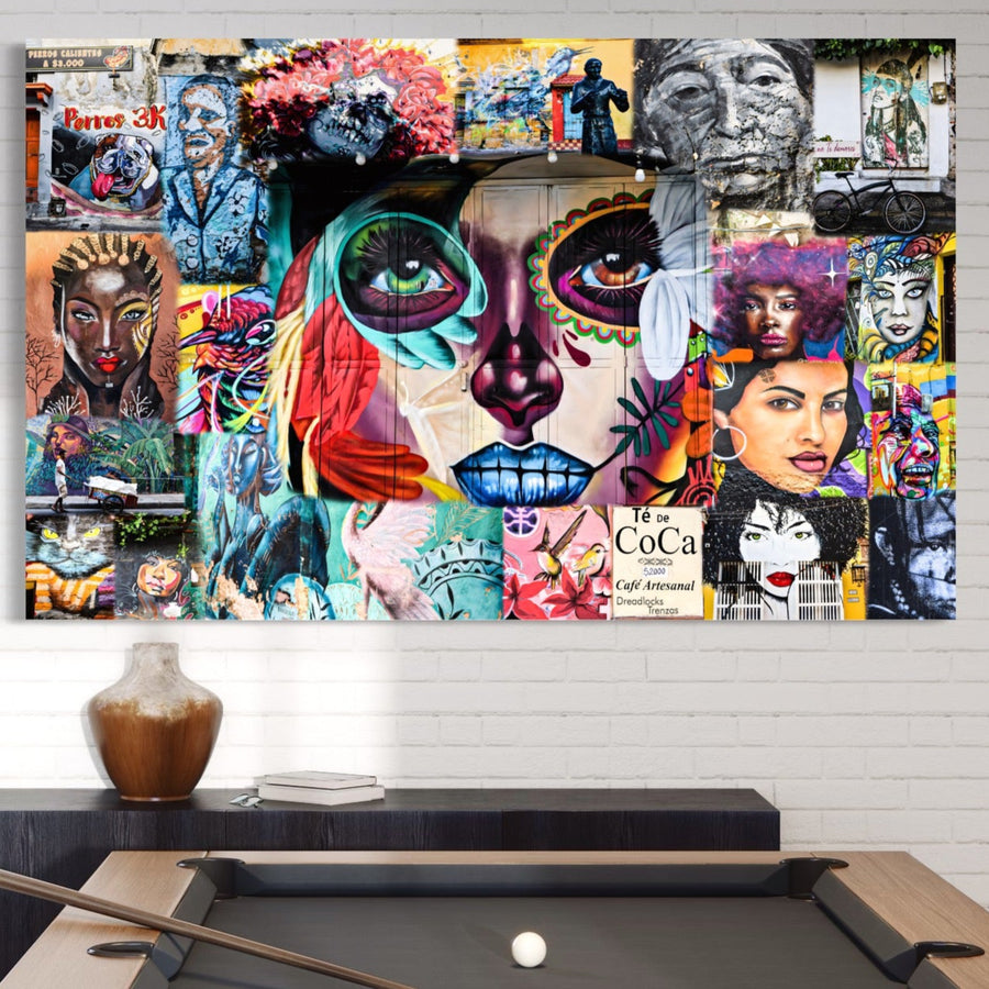 Deasupra mesei de biliard, pictura murală Tablou Canvas Premium LuxCanva® A1150-Medellin Art cu graffiti urban, culori vibrante și fețe expresive-aduce o notă premium decorului de la LuxCanva®, alături de accente de raft elegante.