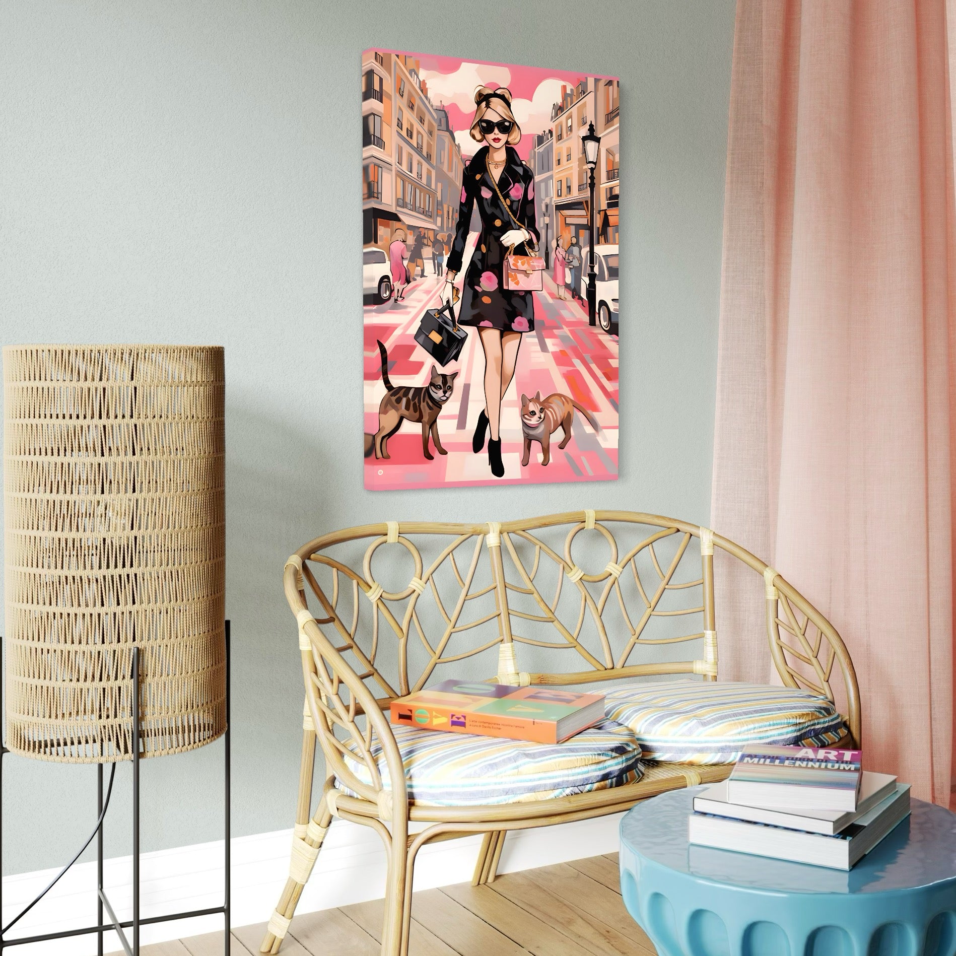 Tablou Canvas Premium LuxCanva® C1151, Lady Walking With Cats , Culori, Fashion, Animals, Beauty, Living Room, Bar, Relaxare, Culori Vibrante