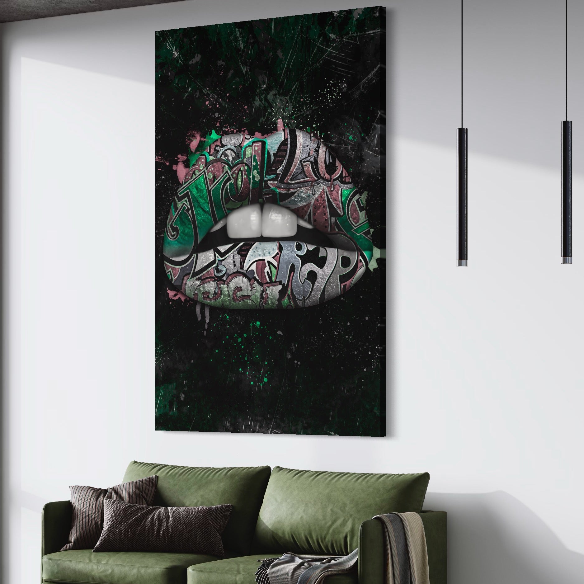 Tablou Canvas Premium LuxCanva® A1148, Green Lips ,  Decorativ, Verde, Buze, Kiss, Culori Vibrante