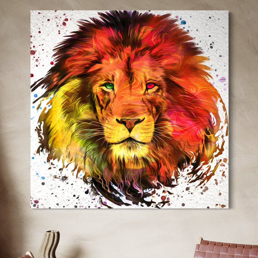 Tablou Canvas Premium LuxCanva® A1146 prezintă un leu colorat, Regele Junglei, cu tonuri vibrante de roșu, portocaliu, galben și albastru - creând o artă safari îndrăzneață care energizează orice perete neutru. Brand: LuxCanva®.