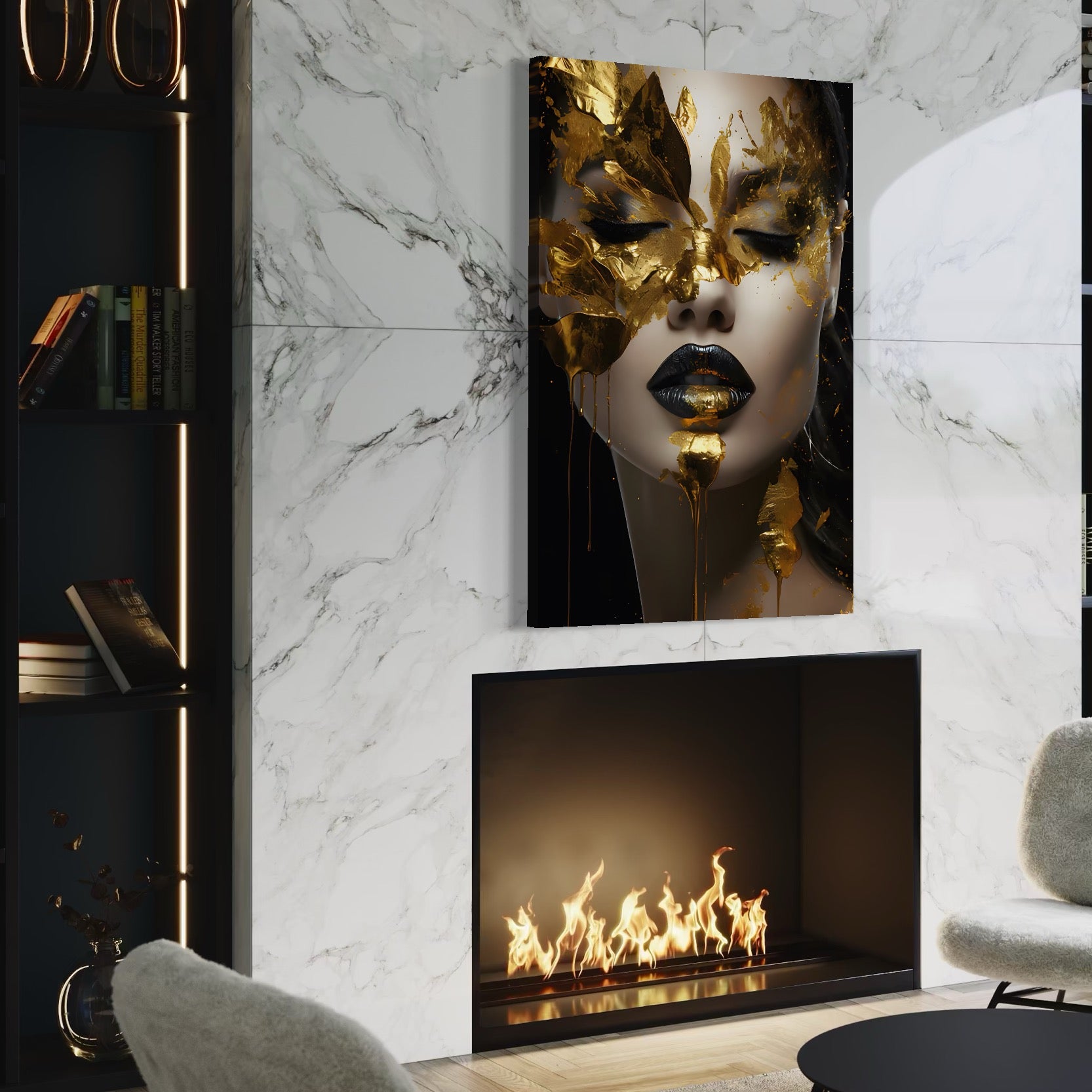 Tablou Canvas Premium LuxCanva® C1156, Pretty Face Covered In Gold ,  Culori, Girl, Beautiful, Living Room, Relaxare, Culori Vibrante