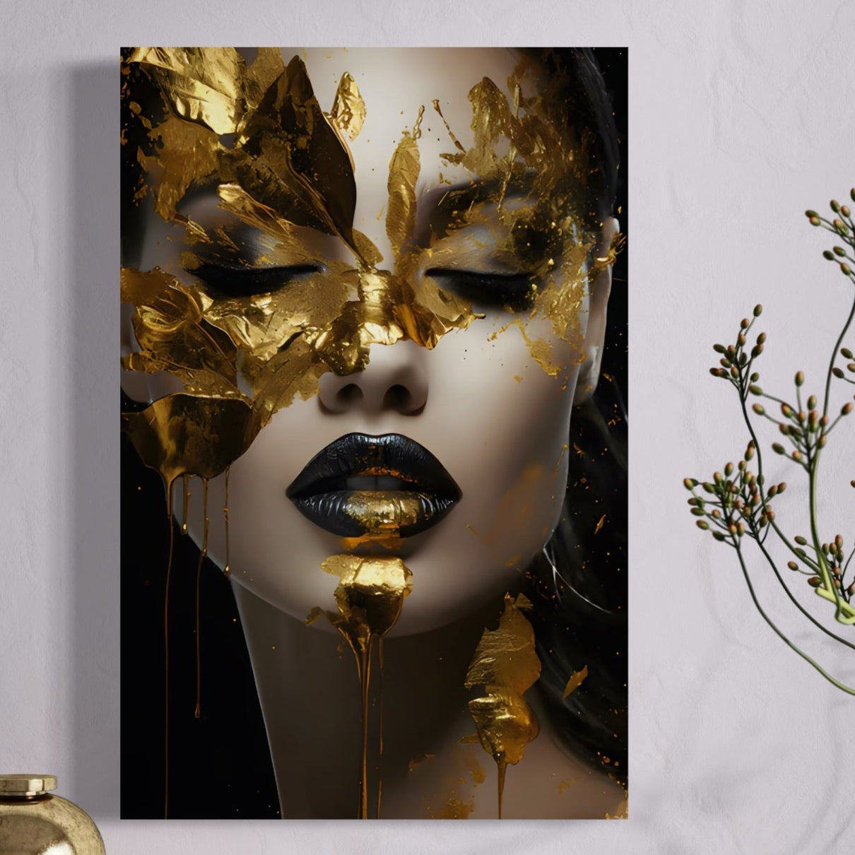 Tablou Canvas Premium LuxCanva® C1156, Pretty Face Covered In Gold ,  Culori, Girl, Beautiful, Living Room, Relaxare, Culori Vibrante