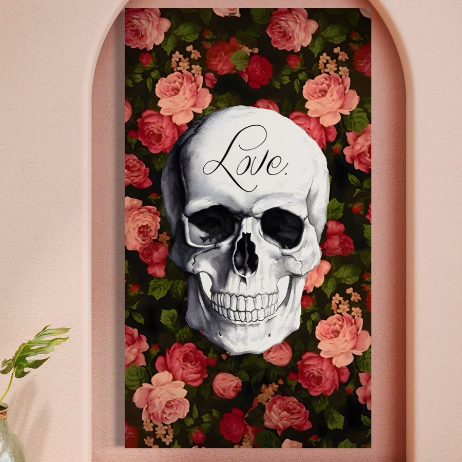 Tablou Canvas Premium LuxCanva® A1142, Love Rose: un print vibrant cu un craniu cu "Love" pe frunte, înconjurat de trandafiri roz și roșii, perfect pentru colecția ta de tablouri canvas de calitate superioară.