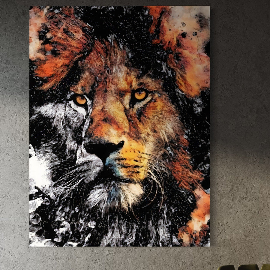 Tablou Canvas Premium LuxCanva® A1135, cu leu - Regele Junglei, animal sălbatic motivațional în culori vibrante, imprimat pe pânză de calitate superioară, decorează elegant un perete gri texturat.