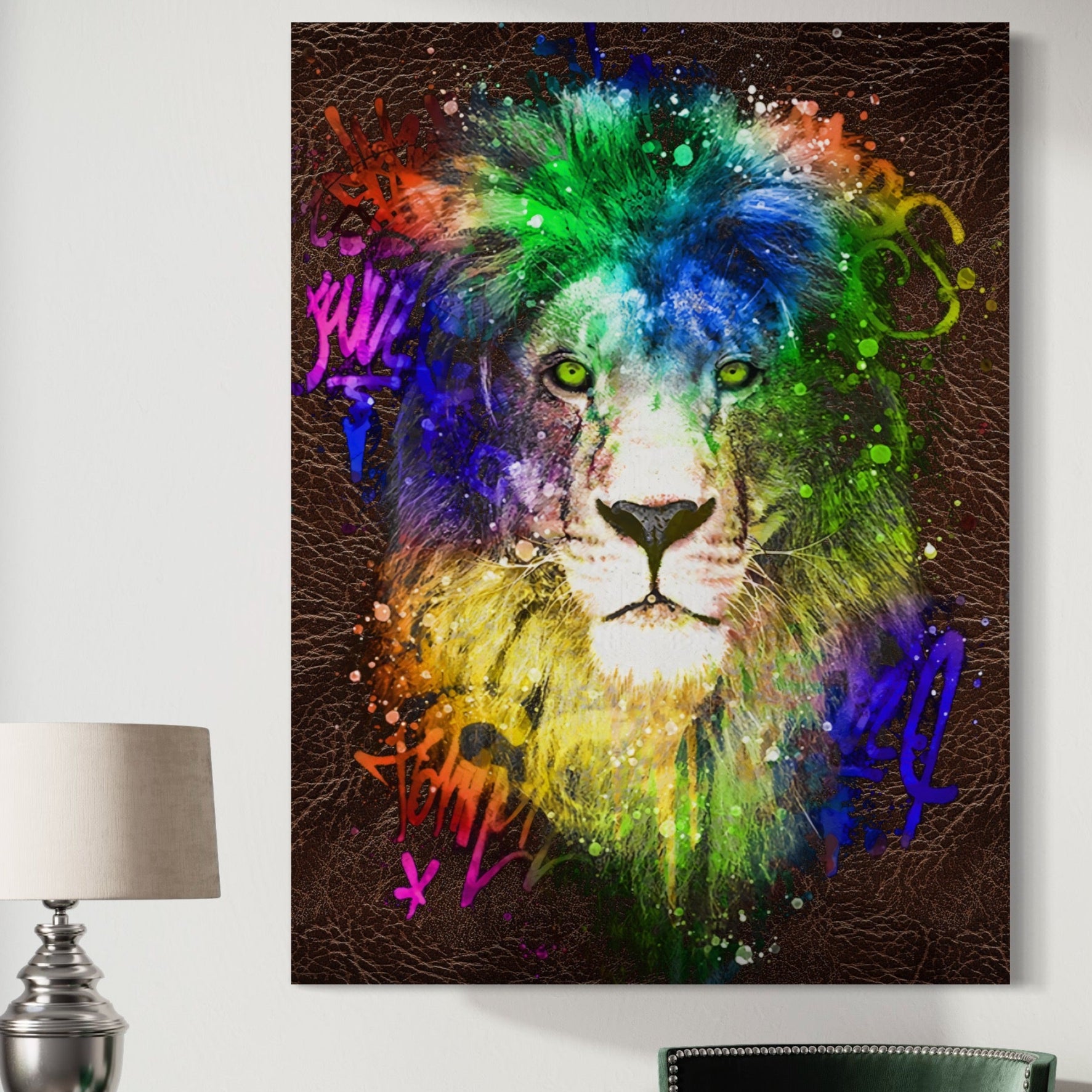 Tablou Canvas Premium LuxCanva® A1132, Leu Colorat , Multicolor, Regele Junglei, Verde, Culori Vibrante