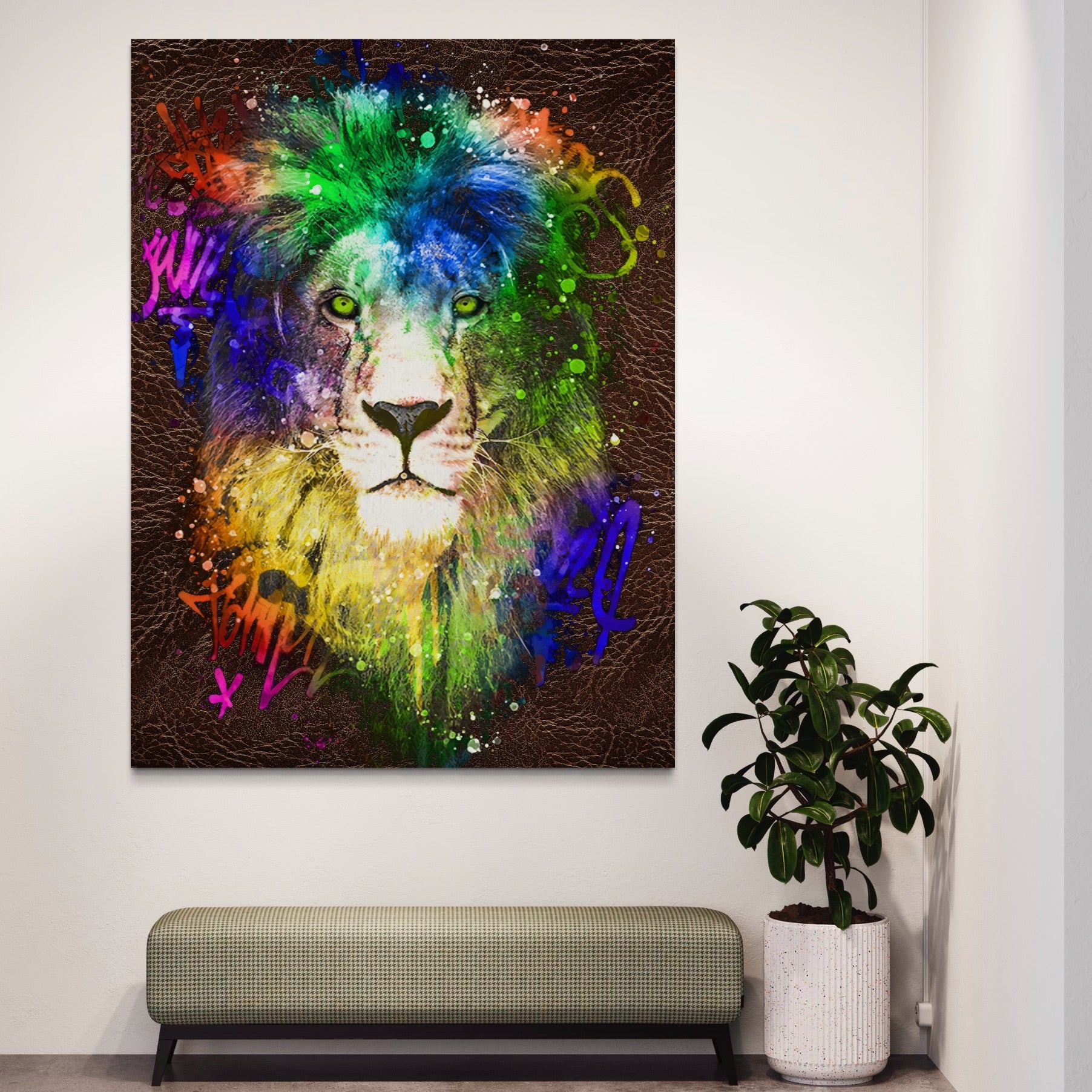 Tablou Canvas Premium LuxCanva® A1132, Leu Colorat , Multicolor, Regele Junglei, Verde, Culori Vibrante