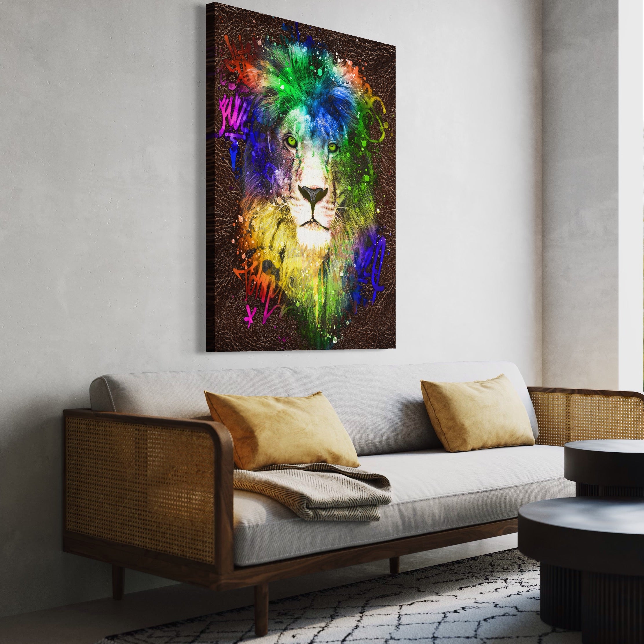 Tablou Canvas Premium LuxCanva® A1132, Leu Colorat , Multicolor, Regele Junglei, Verde, Culori Vibrante