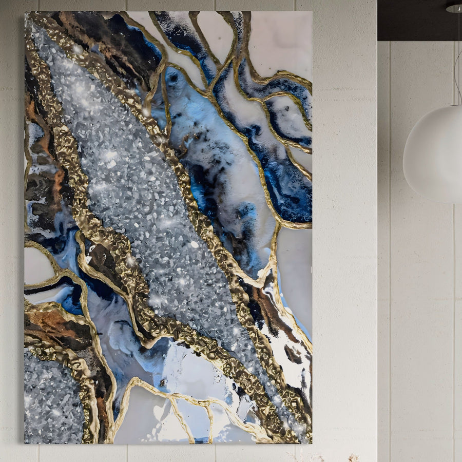 Tablou Canvas Premium LuxCanva® A1130, Marmura Albastră, abstract cu accente aurii și culori vibrante-artă modernă perfectă pentru orice perete luminos. Brand: LuxCanva®.