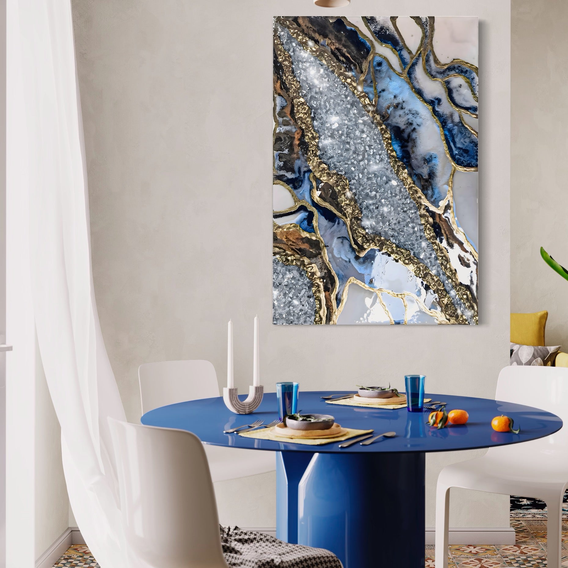 Tablou Canvas Premium LuxCanva® A1130, Marmura Albastra , Abstract, Auriu, Colorat, Arta, Culori Vibrante