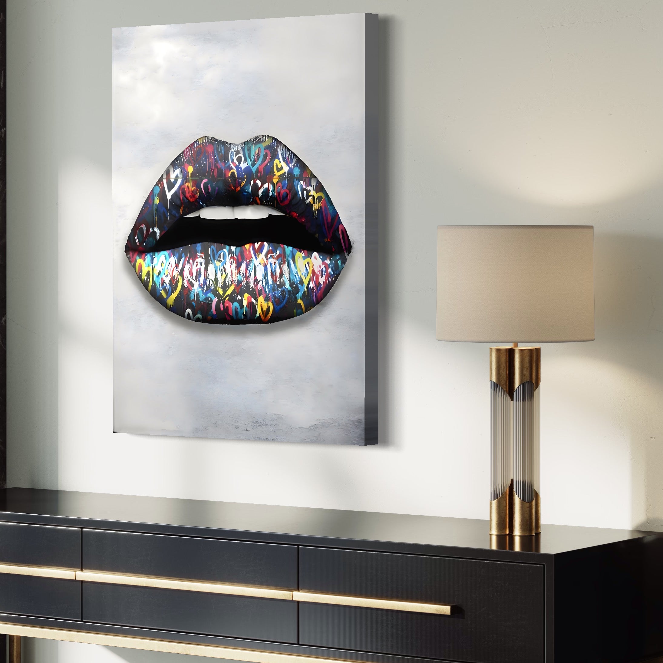 Tablou Canvas Premium LuxCanva® A1126, Black Lips ,  Buze, Inimi Colorate, Ruj Negru, Culori Vibrante