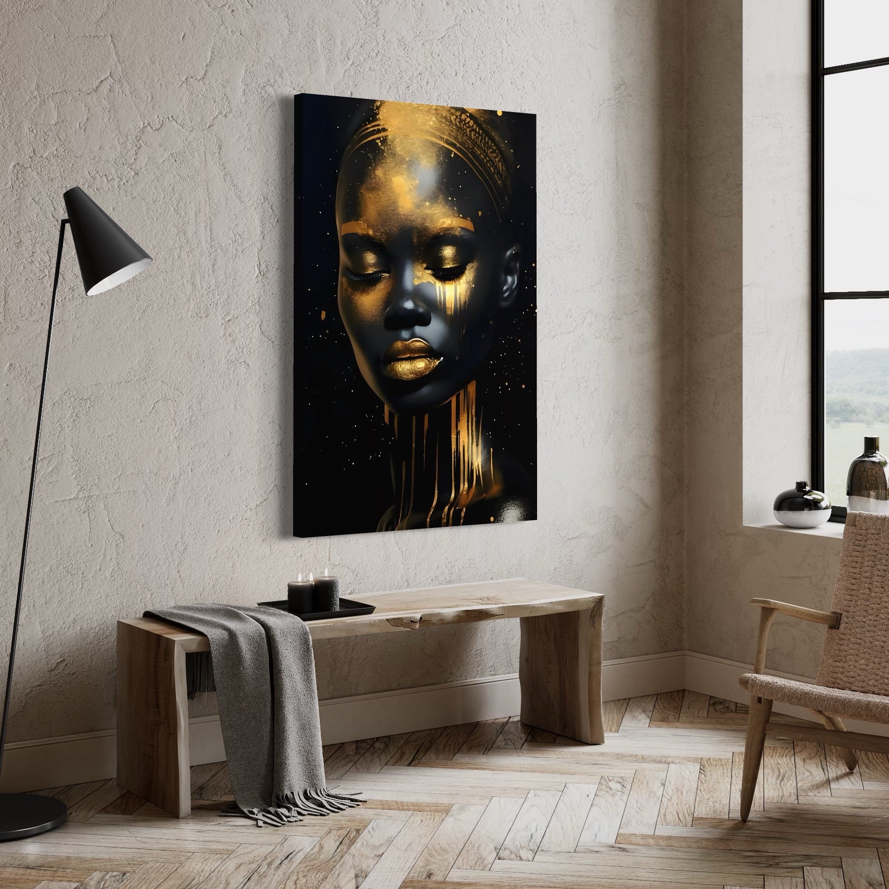 Tablou Canvas Premium LuxCanva® C1169, African Beauty Covered In Gold , Culori, Girl, Beauty, Living Room, Bar, Relaxare, Culori Vibrante