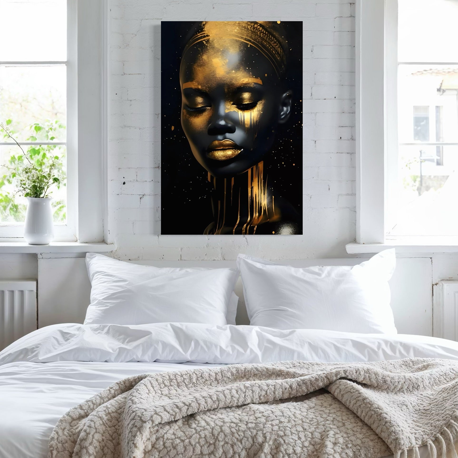 Tablou Canvas Premium LuxCanva® C1169, African Beauty Covered In Gold , Culori, Girl, Beauty, Living Room, Bar, Relaxare, Culori Vibrante
