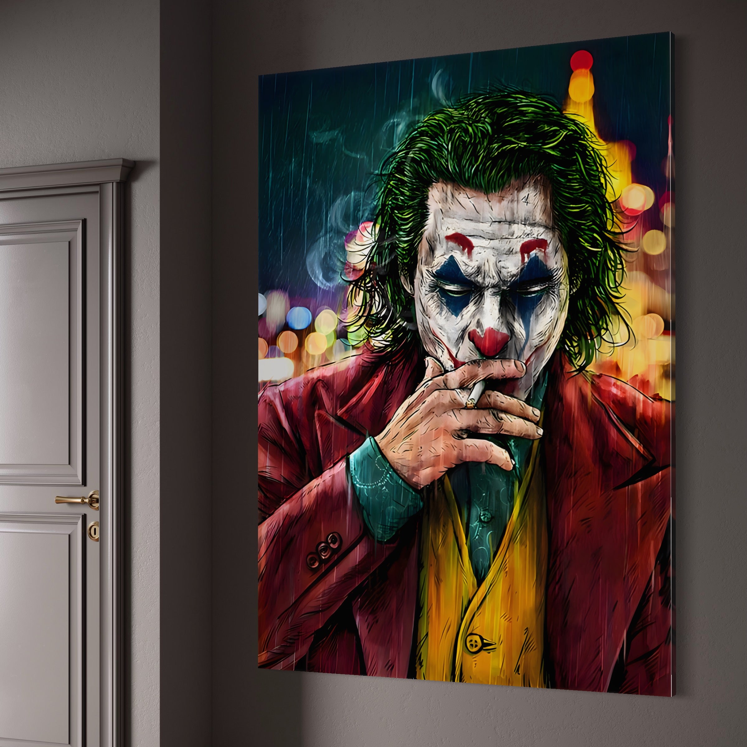 Tablou Canvas Premium LuxCanva® A1123, Joker , Film, Thriller, Ploaie, Culori Vibrante