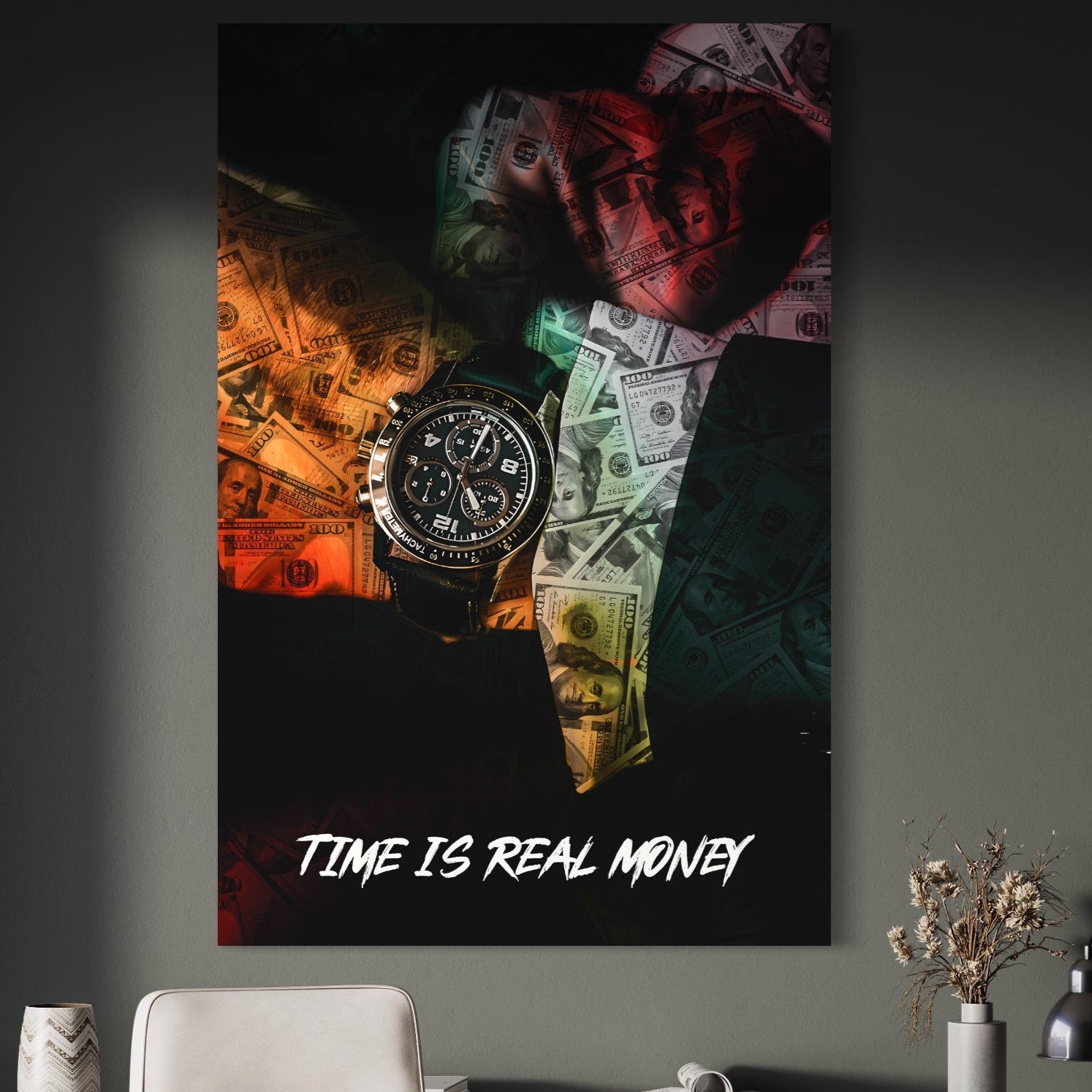 Tablou Canvas Premium LuxCanva® A1121, Time Is Money , Ceas, Timp, Cash, Motivational, Culori Vibrante