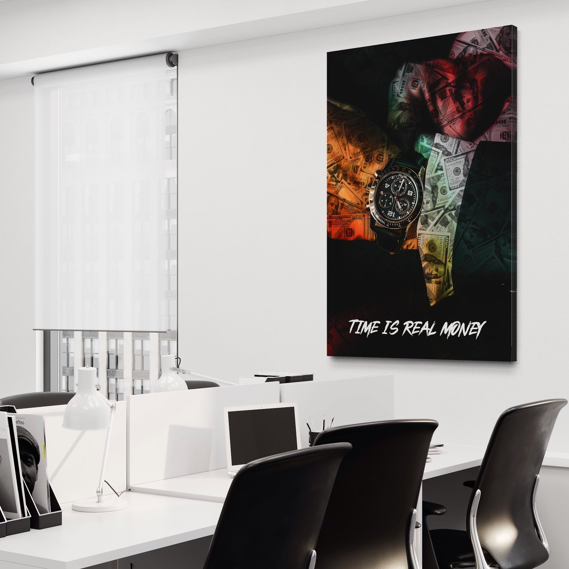 Tablou Canvas Premium LuxCanva® A1121, Time Is Money , Ceas, Timp, Cash, Motivational, Culori Vibrante
