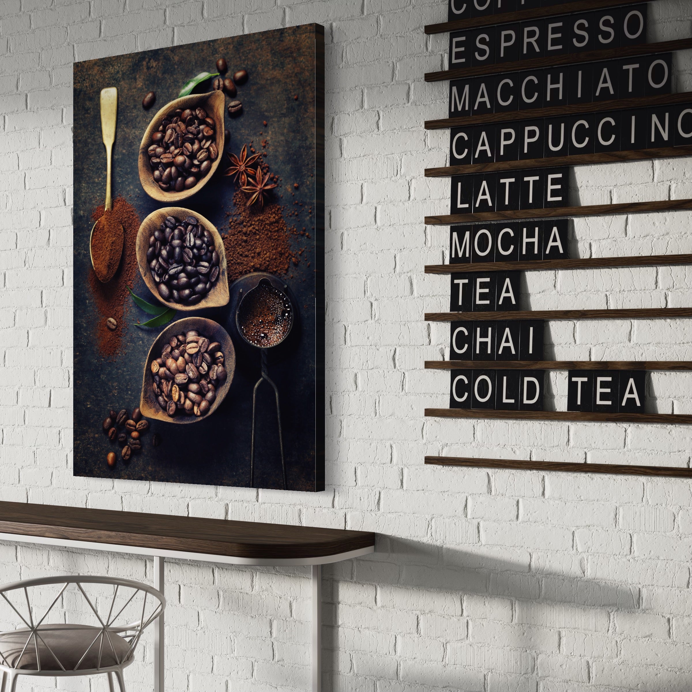 Tablou Canvas Premium LuxCanva® A1112, Arta Cafelei , Aroma Cafea, Lingura, Boabe Cafea, Culori Vibrante