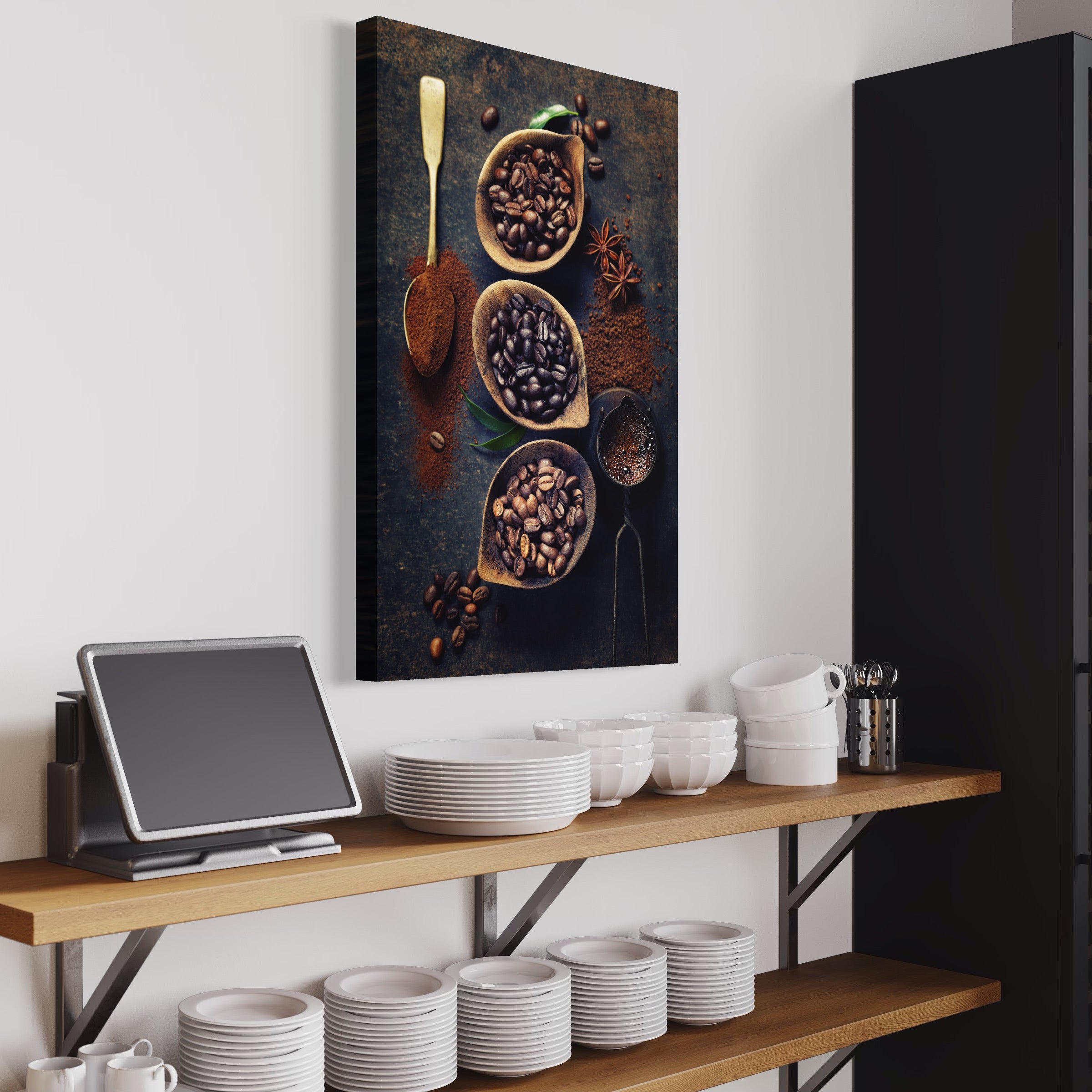 Tablou Canvas Premium LuxCanva® A1112, Arta Cafelei , Aroma Cafea, Lingura, Boabe Cafea, Culori Vibrante