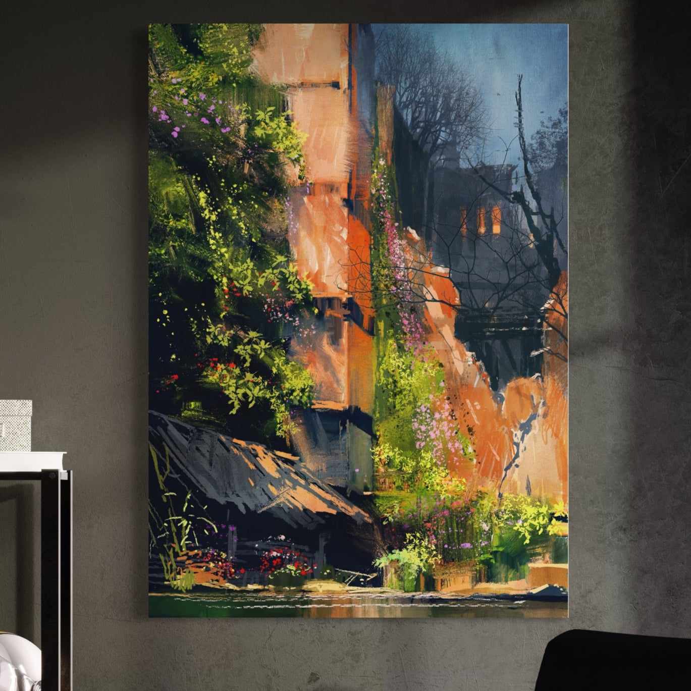 Tablou Canvas Premium LuxCanva® A1111, Flori Curgatoare , Oras Vechi, Casa, Lac, Culori Vibrante