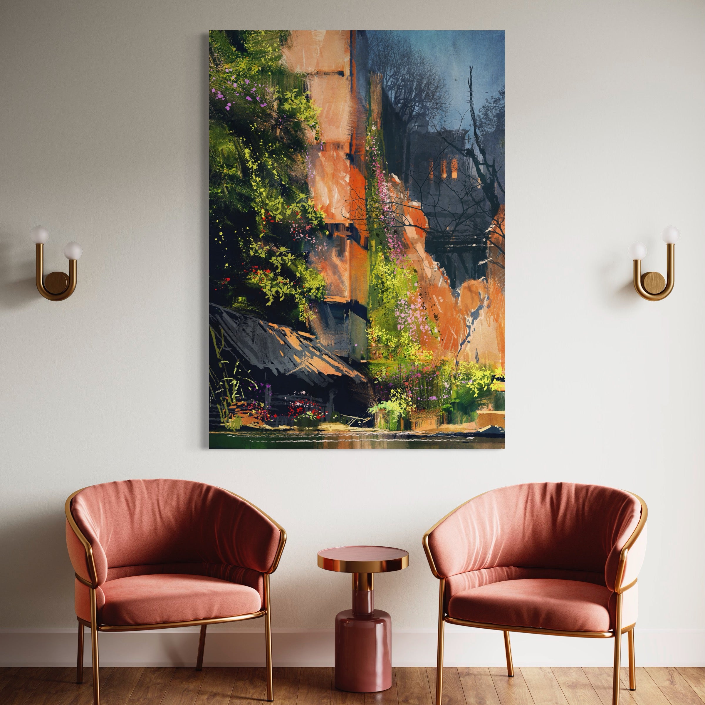 Tablou Canvas Premium LuxCanva® A1111, Flori Curgatoare , Oras Vechi, Casa, Lac, Culori Vibrante