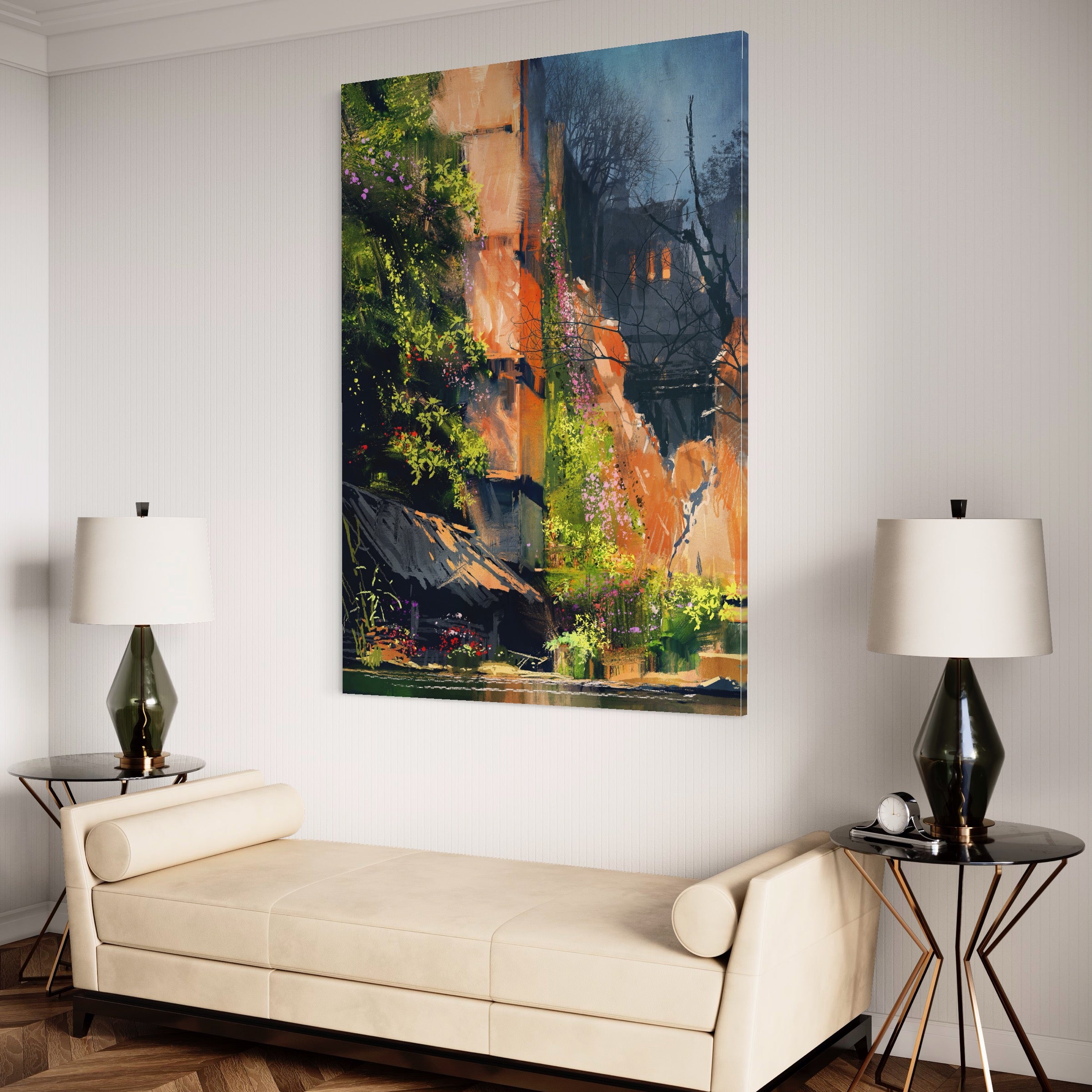 Tablou Canvas Premium LuxCanva® A1111, Flori Curgatoare , Oras Vechi, Casa, Lac, Culori Vibrante