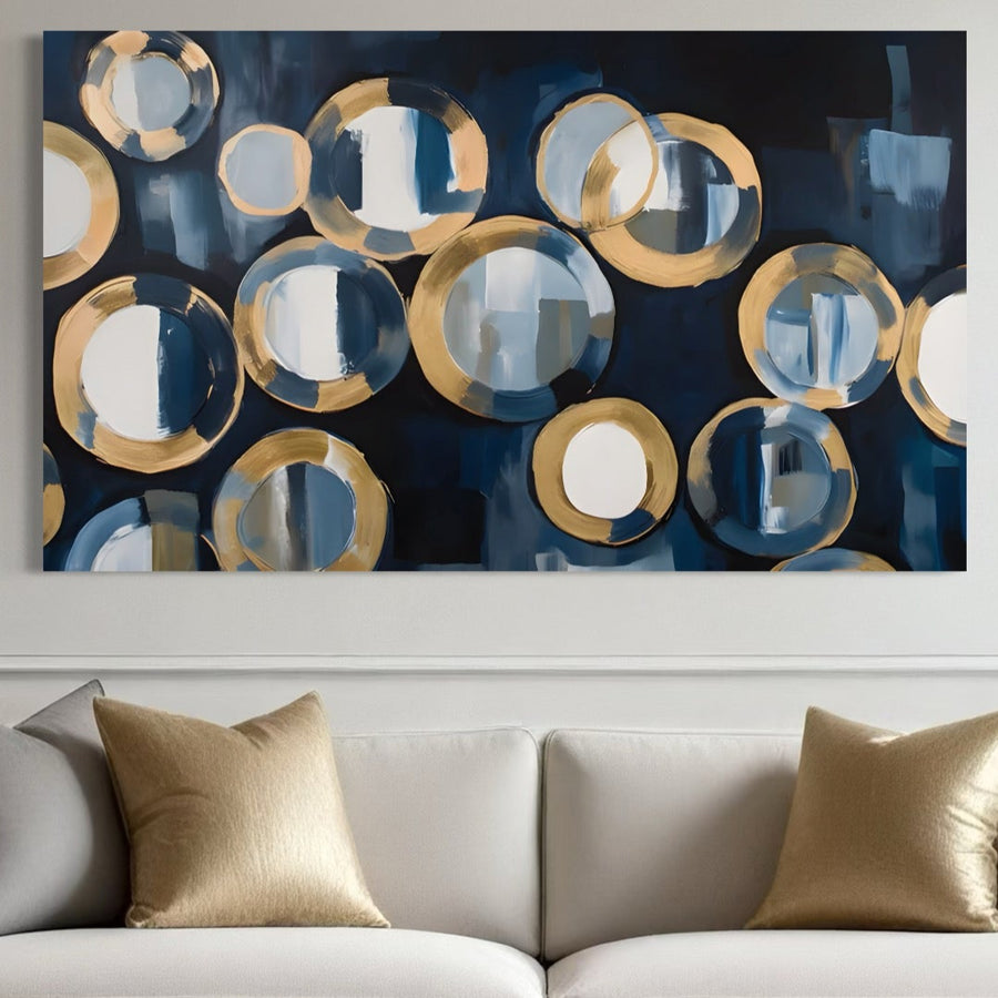 Tablou Canvas Premium LuxCanva® C1222, Blue And White Abstract Paint, cu forma circulare aurii, albe și albastre pe fund închis, printat pe pânză bumbac premium - ideal pentru relaxare în living. Brand: LuxCanva®.