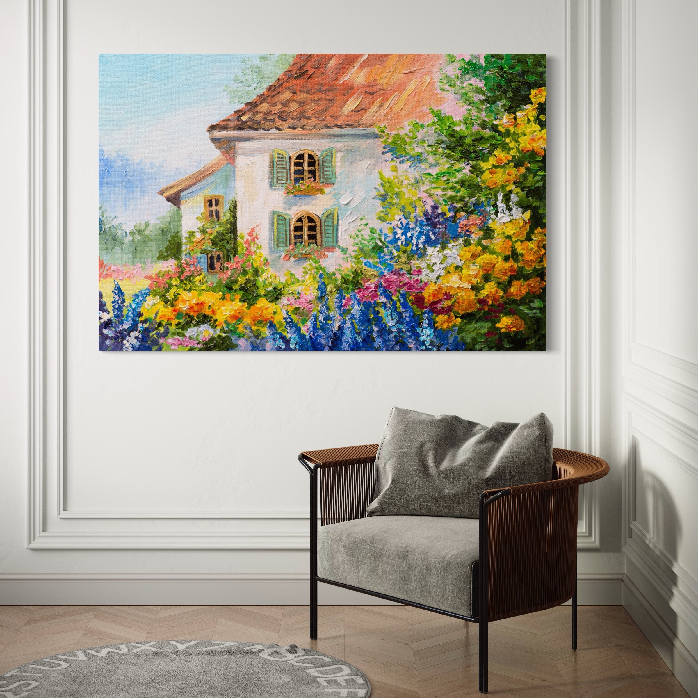 Tablou Canvas Premium LuxCanva® A1109, Casa Din Gradina ,  Peisaj, Natura, Flori Galbene, Culori Vibrante