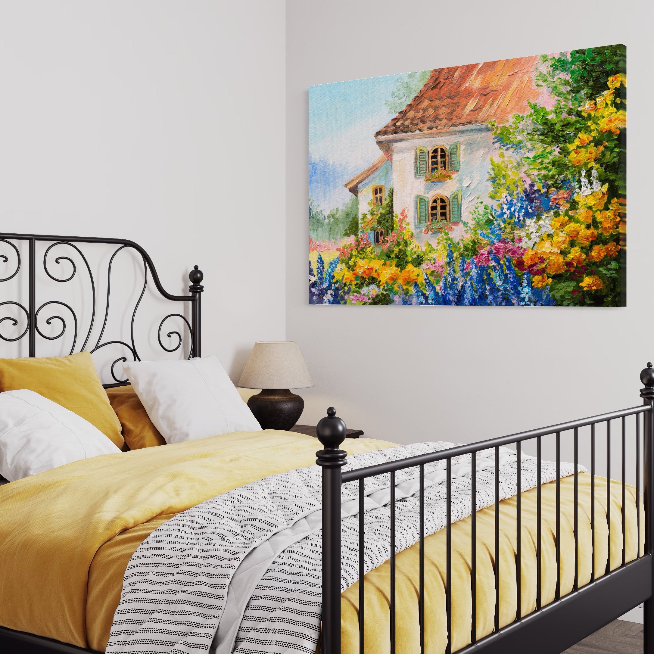 Tablou Canvas Premium LuxCanva® A1109, Casa Din Gradina ,  Peisaj, Natura, Flori Galbene, Culori Vibrante