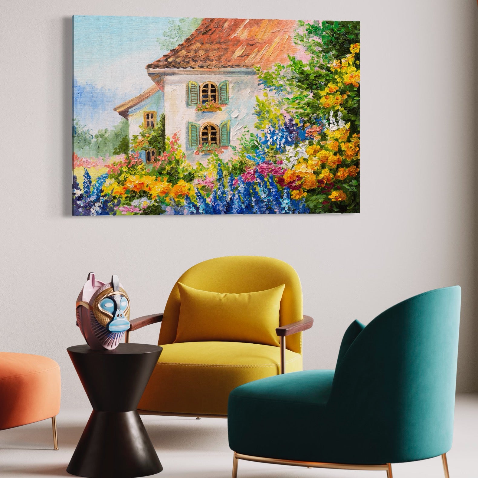 Tablou Canvas Premium LuxCanva® A1109, Casa Din Gradina ,  Peisaj, Natura, Flori Galbene, Culori Vibrante