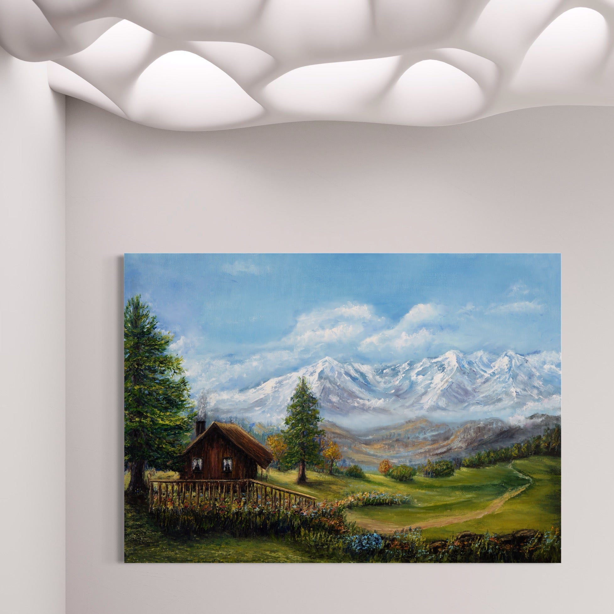 Tablou Canvas Premium LuxCanva® A1105, Cabana La Munte , Peisaj, Natura, Flori, Culori Vibrante