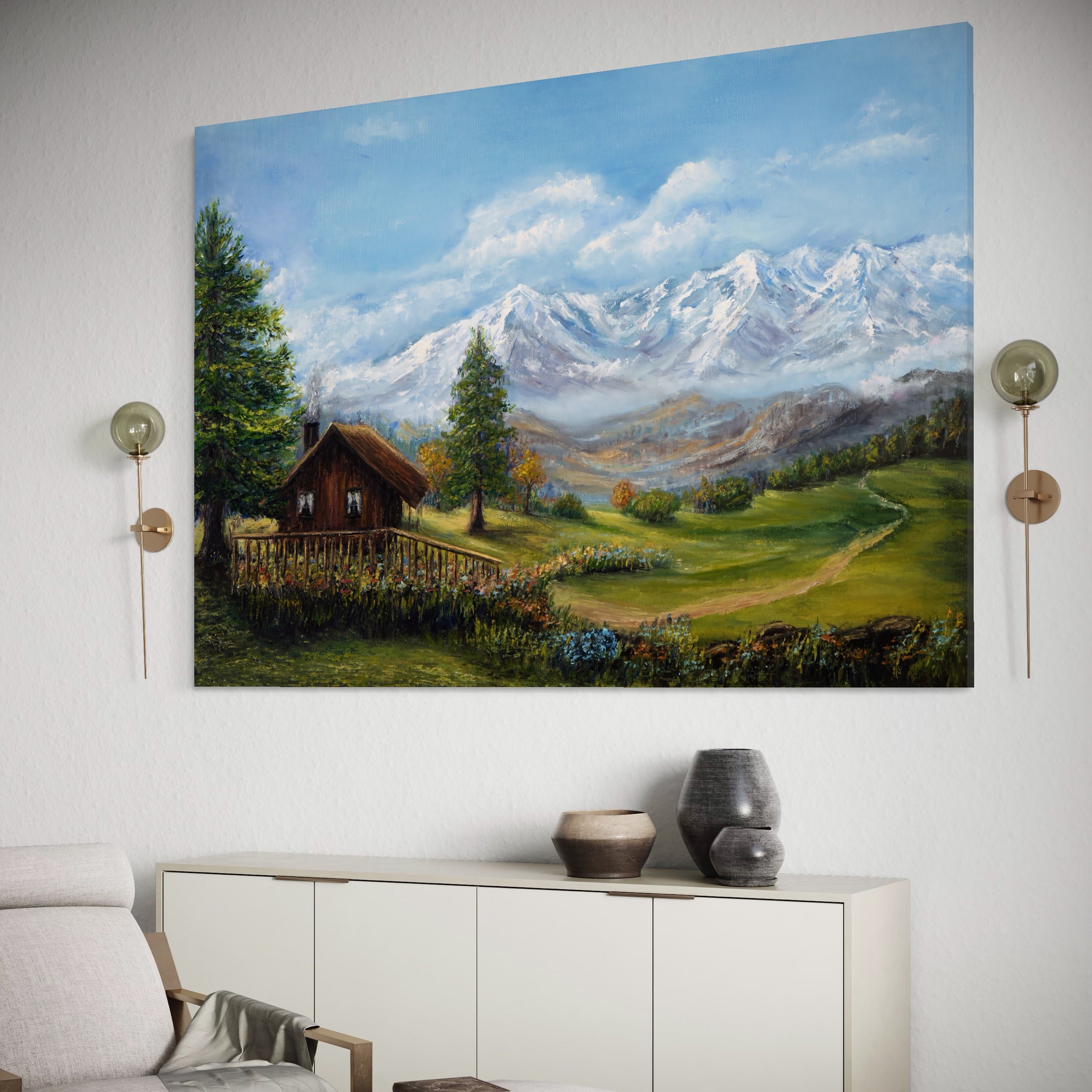 Tablou Canvas Premium LuxCanva® A1105, Cabana La Munte , Peisaj, Natura, Flori, Culori Vibrante