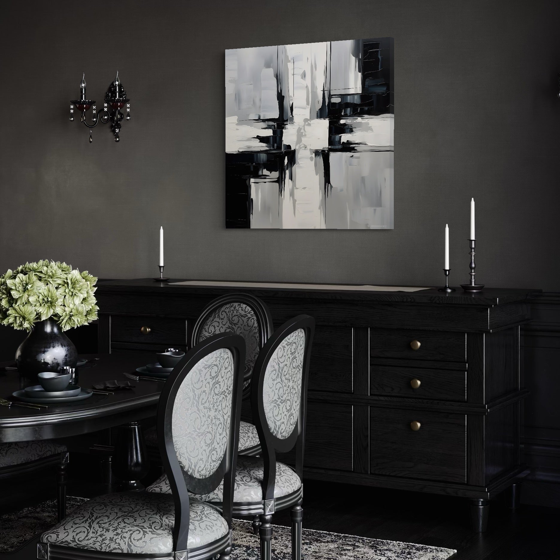 Tablou Canvas Premium LuxCanva® C1228, Abstract Black And White Painting , Culori, Decorativ, Living Room, Culori Vibrante