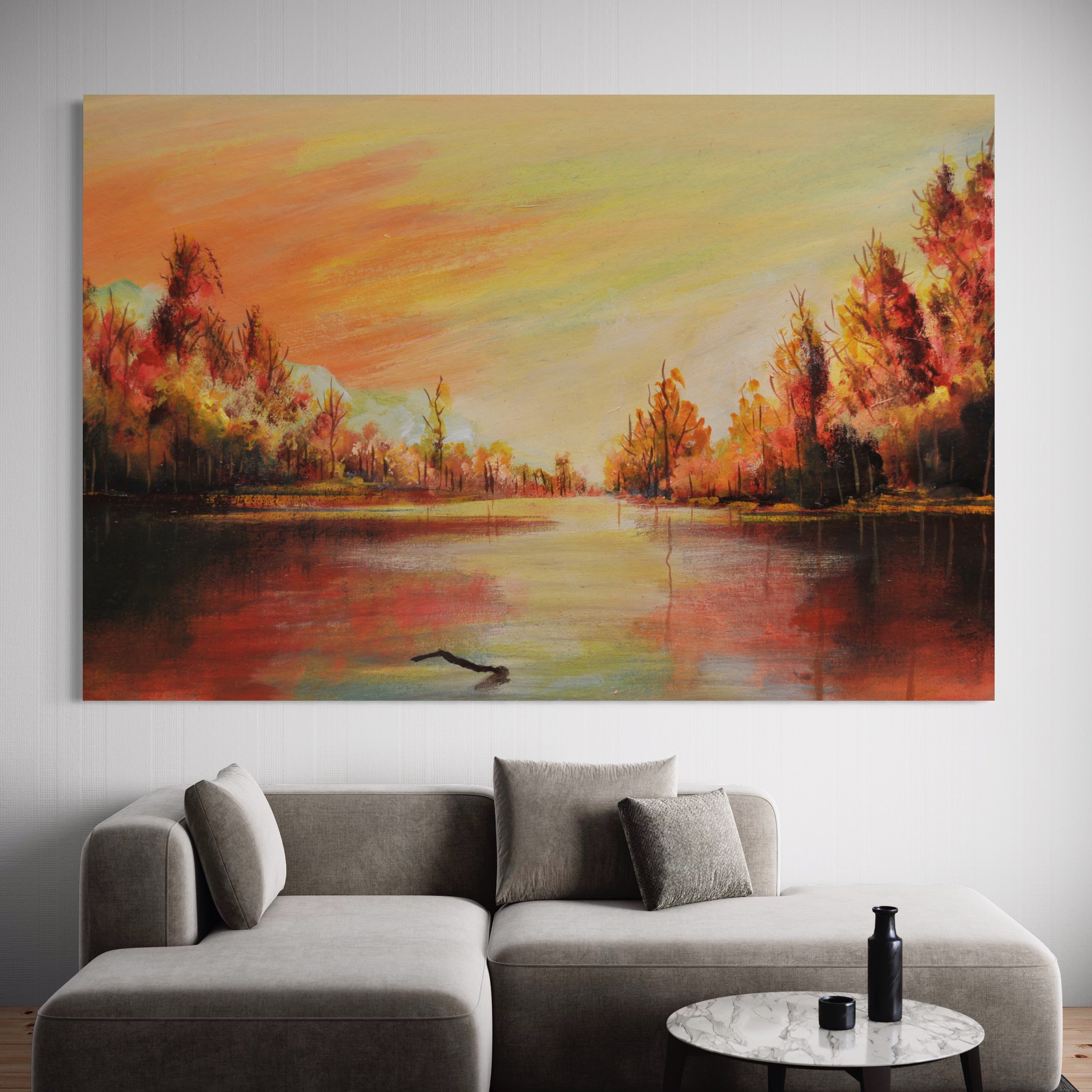 Tablou Canvas Premium LuxCanva® A1102, Apus De Toamna , Peisaj, Padure, Lac, Copaci, Culori Vibrante