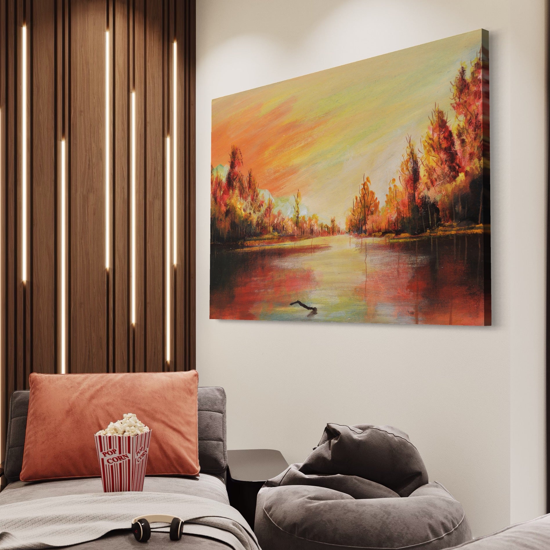 Tablou Canvas Premium LuxCanva® A1102, Apus De Toamna , Peisaj, Padure, Lac, Copaci, Culori Vibrante