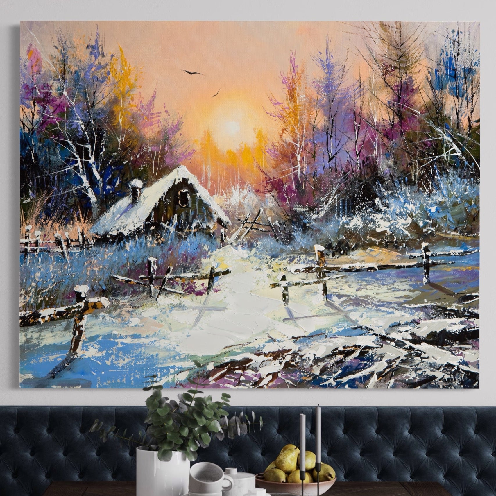 Tablou Canvas Premium LuxCanva® A1100, Iarna In Padure , Peisaj, Casa, Natura, Zapada, Culori Vibrante