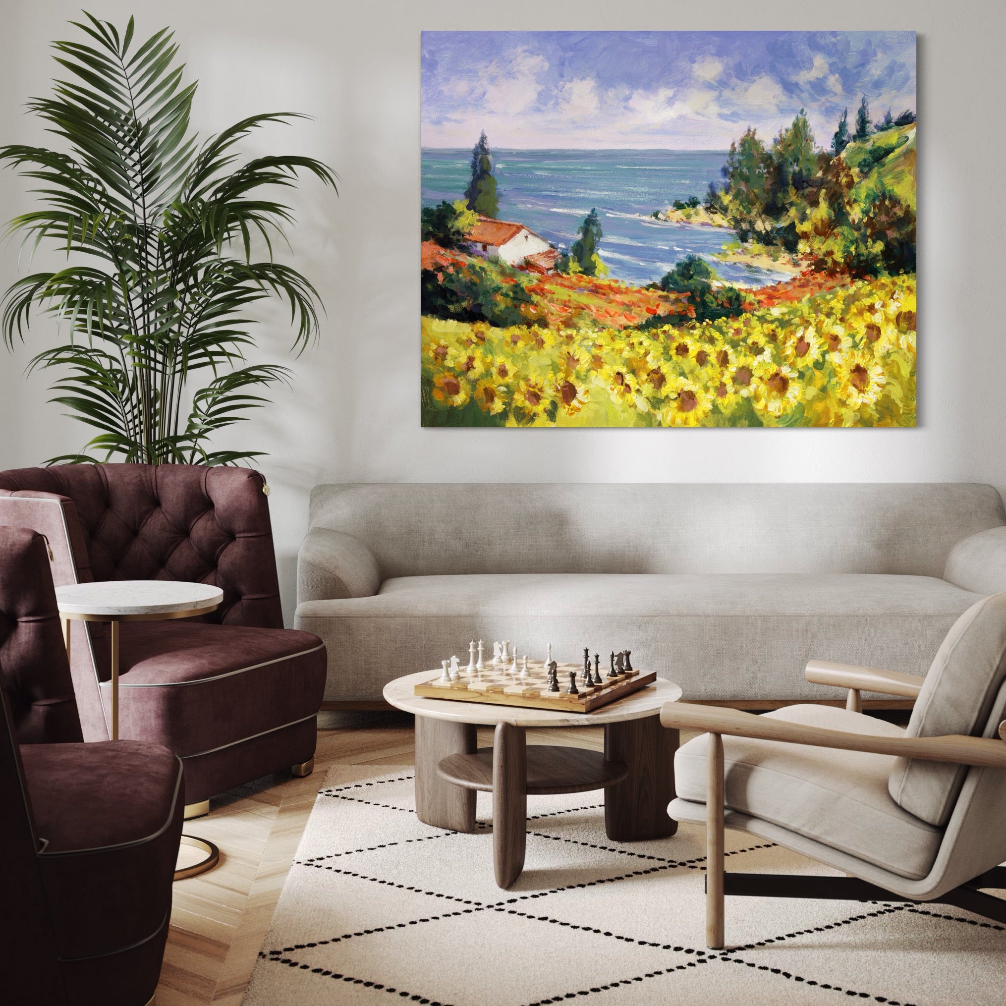 Tablou Canvas Premium LuxCanva® A1099, Floarea Soarelui , Peisaj, Mare, Casa, Culori Vibrante