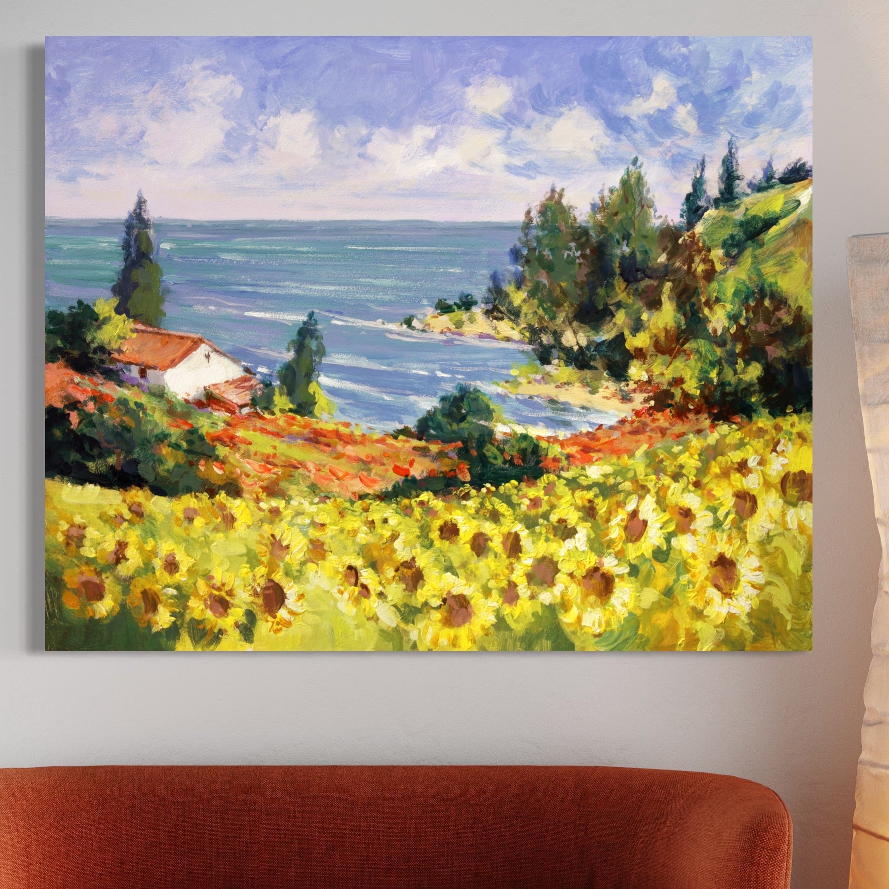 Tablou Canvas Premium LuxCanva® A1099, Floarea Soarelui , Peisaj, Mare, Casa, Culori Vibrante