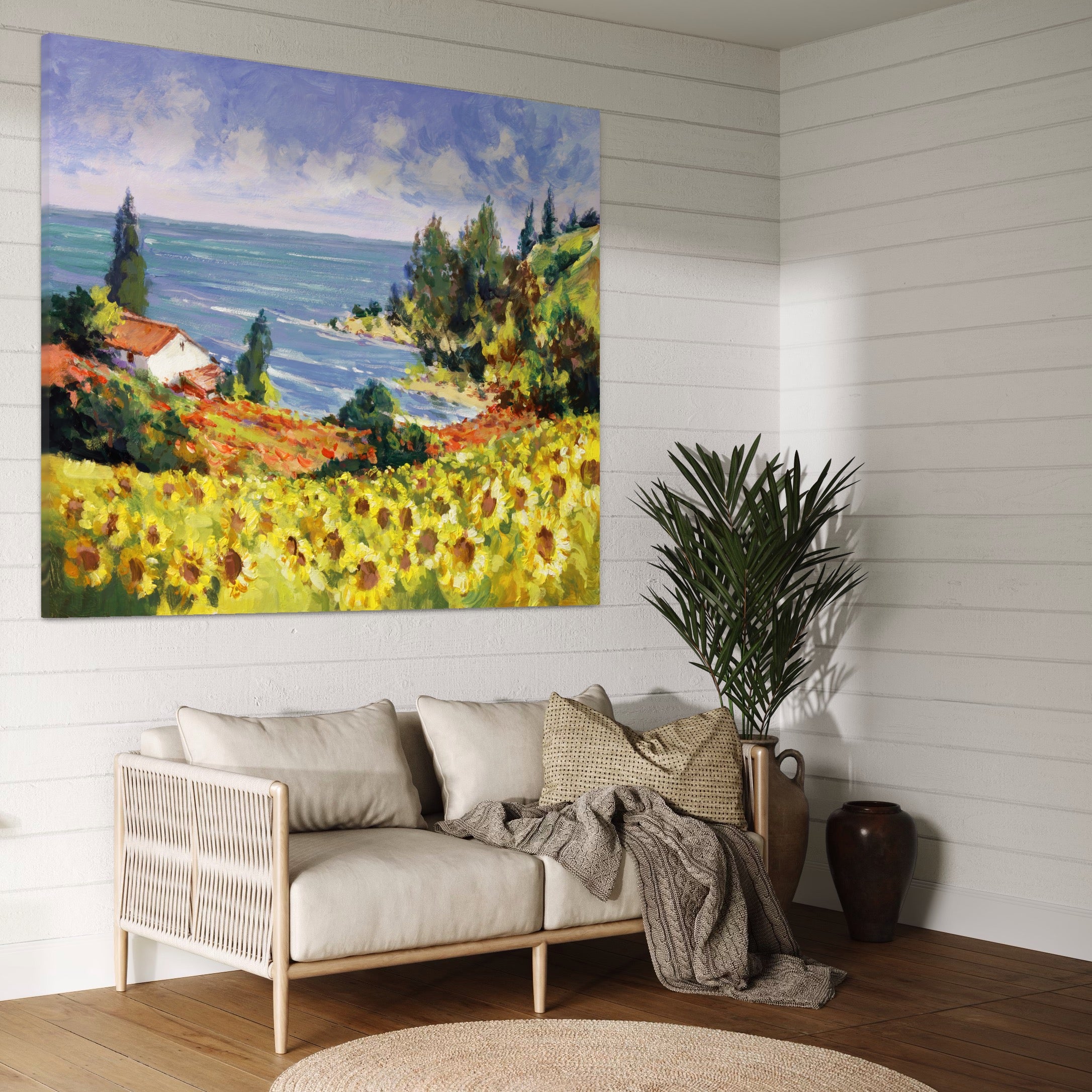 Tablou Canvas Premium LuxCanva® A1099, Floarea Soarelui , Peisaj, Mare, Casa, Culori Vibrante