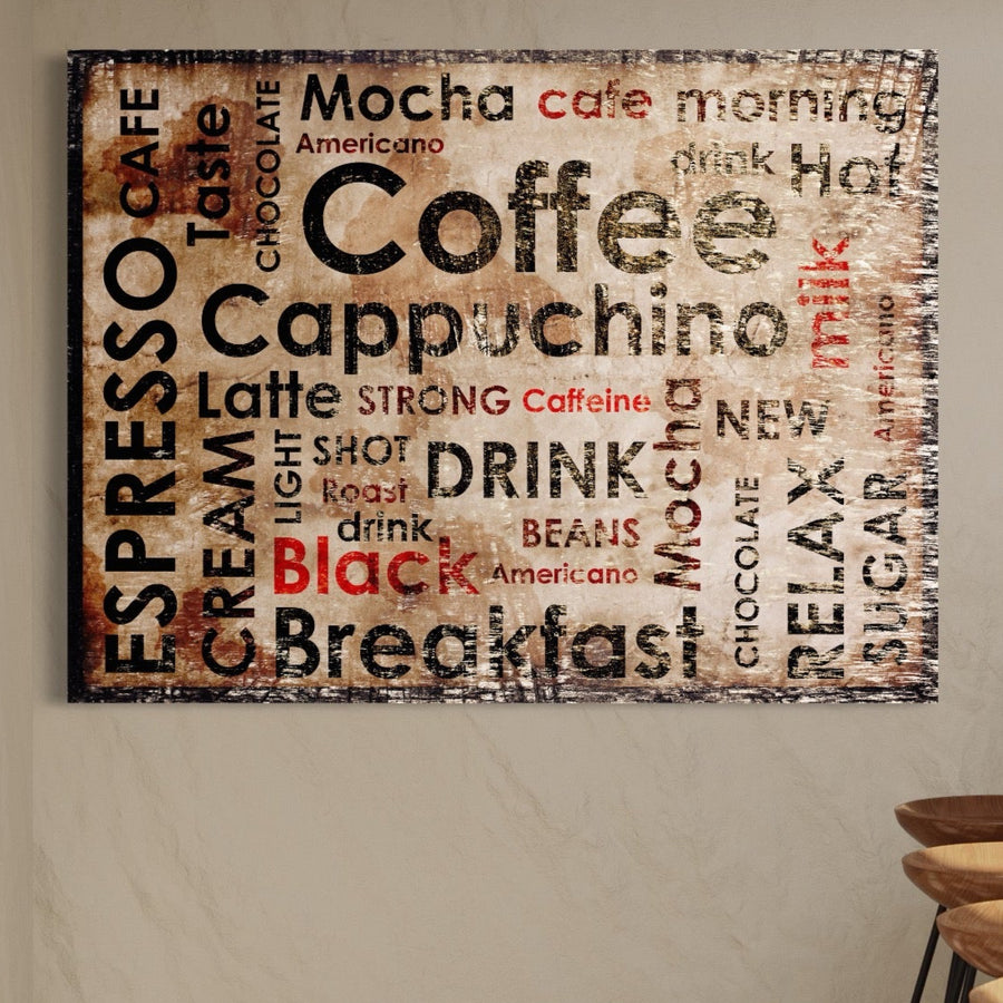 Adăugați o notă confortabilă cu Tablou Canvas Premium LuxCanva® A1098 - artă de perete pe pânză bumbac cu cuvinte vibrante despre cafea precum Espresso, Drink și Cafea. Tablou canvas de calitate de la LuxCanva® pentru un decor elegant.