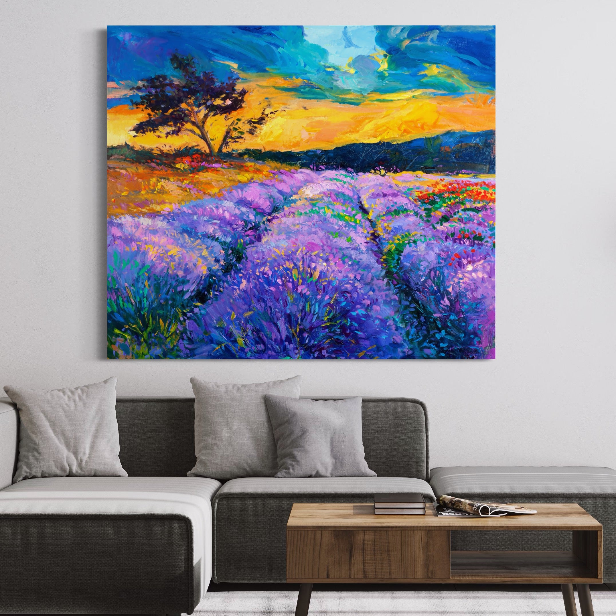 Tablou Canvas Premium LuxCanva® A1097, Lavanda ,  Peisaj, Apus, Mov, Lila, Camp, Culori Vibrante